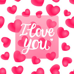 Lettering inscription I love you. Greeting card with background of sweet candy or marmelade pink hearts. Vector Cute Design for Valentine's day - 565881578