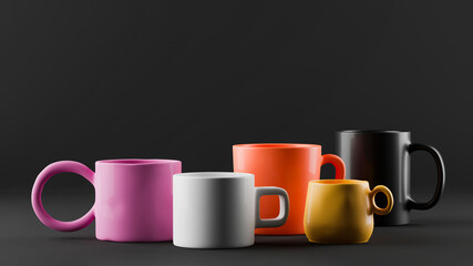 Mockups of several multicolored handmade clay cups on black.