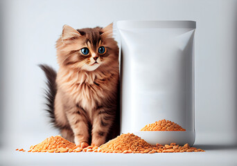 Naklejka na ściany i meble Cute Fluffu Cat with Cats Food. Illustration AI Generative