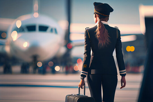 Stewardess mit Koffer auf dem Weg zum Flugzeug - Generative Ai 