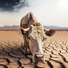 Cow affected in the sand desert. The concept of death and end of life. Generative ai