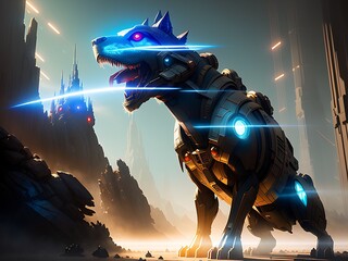 A giant monster dog with razor sharp teeth and glowing eyes, standing in the middle of a battlefield, generated by generative ai