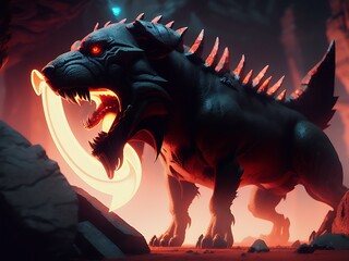 Close-up shot of a monster dog with sharp teeth and glowing eyes, standing in a dark, abandoned alleyway, generated by generative ai