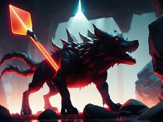 Close-up shot of a monster dog with sharp teeth and glowing eyes, standing in a dark, abandoned alleyway, generated by generative ai