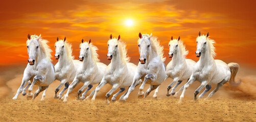 3d wallpaper design with sunset background Seven Running Horses , custom wallpaper design