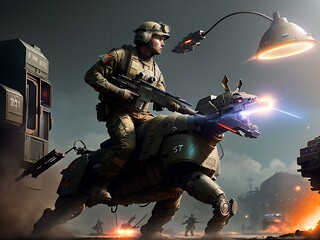 Action-packed scene of a fully equipped soldier ready for battle in the middle of a war-torn city generated by generative ai
