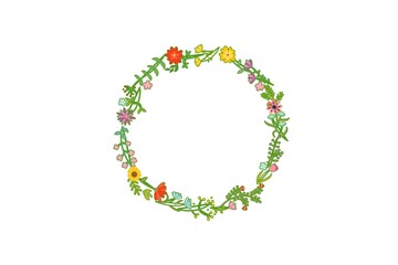 Floral wreath with leaves , round frame on white background.