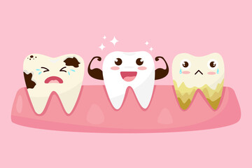 teeth and gums inside the mouth are happy and unhappy with the problem of tooth decay. there are plaque on the teeth. tooth care concept.