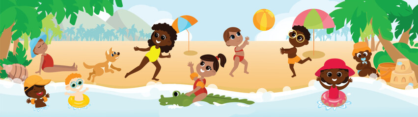 A multicultural group of children play on the seashore, swim in inflatable circles, play ball, with a dog, a girl swims on an inflatable rubber crocodile. Children are happy and cheerful.