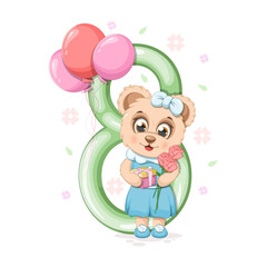 A cute cartoon bear with flowers, gift, balloons and number 8