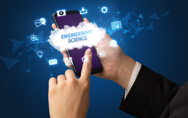 Hand using smartphone with cloud technology concept