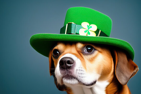 Cute Dog With Green St. Patrick's Day HatHappy St. Patrick's Day. Adorable, Pretty Puppy And A Bright Green Leprechaun Hat. Close Up, Studio Photo. Pet Care Concept