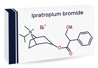 Ipratropium bromide molecule. It is bronchodilator, antispasmodic, anticholinergic drug. Skeletal chemical formula. Paper packaging for drugs - obrazy, fototapety, plakaty