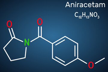 Aniracetam molecule. It is nootropic drug used to ameliorate memory, attention disturbances. Structural chemical formula on the dark blue background.