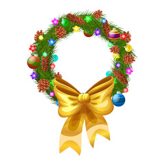Christmas wreath with golden ribbon big bow. Decorated wreath of pine branches with cones, Christmas balls and lights isolated on background. New Year traditional winter garland. Vector illustration