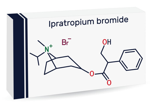 Ipratropium bromide molecule. It is bronchodilator, antispasmodic, anticholinergic drug. Skeletal chemical formula. Paper packaging for drugs