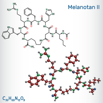 Melanotan II molecule. It is synthetic analogue of the peptide hormone, stimulates melanogenesis and increases sexual arousal. Structural chemical formula, molecule model.