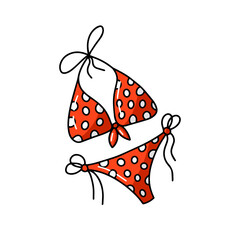 Female swimwear women colorful swimsuit fashion bikini red polka dots cute retro vintage vector illustration isolated on a white background