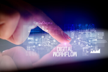 Finger touching tablet with web technology icons concept