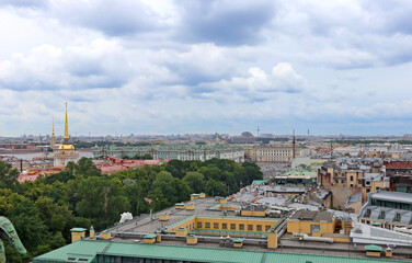 Top view of St. Petersburg city center from the observation deck of St. Isaac's Cathedral, Russia. Famous Russian tourist attraction and beautiful landmark.