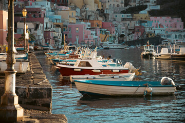 Beautiful fishing village, Marina Corricella on Procida Island, Bay of Naples, Italy.