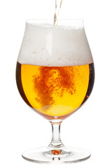 Pouring beer in tulip glass isolated on white