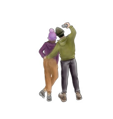 A girl and a boy take a selfie on a white background.