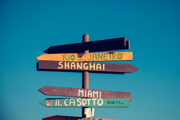 Funny direction signpost with distance to many different countries