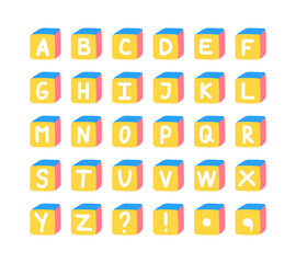 Cartoon 3D cute cube font for preschool kids. Vector colorful english alphabet set.