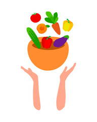 Hands holding a plate with healthy food. Farm organic vegetables. Healthy eating concept. Vector illustration.