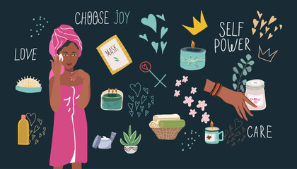 A set of design elements on the theme of personal care: a girl, a heart, a mask, a candle, a flower. Flat cartoon vector illustration, hand drawn style. Concept of self love, health, beauty.