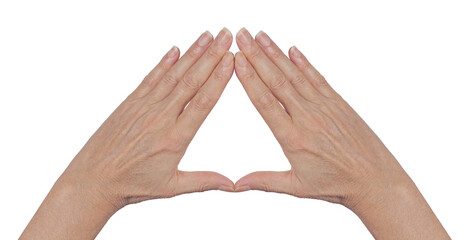 Working with Pyramid Healing Energy - female hands making a triangle shape with copy space png...