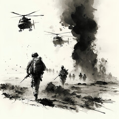 US soldiers running down a hill Generative AI