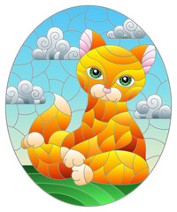 Illustration in stained glass style with a red cute cat on a background of meadows and sky, oval image