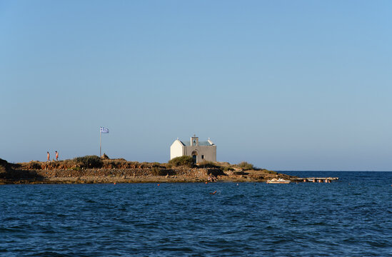 islet named Afentis Christos with the church the Transfiguration of the Savior; opposite the main beach of Malia (Crete; Greece)