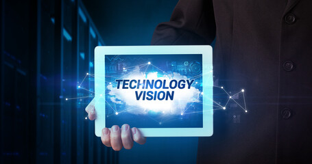 Person holding tablet, technology concept