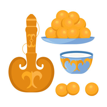 National Kazakh food. Dishes for koumiss, baursak on a plate. Vector set in the flat style.
