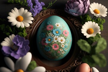 Easter composition with egg and spring flowers. Easter floral realistic design.