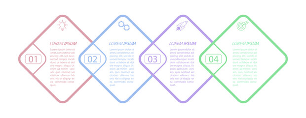 4 stages of development, improvement or training. Infographics with visual action icons for business, finance, project, plan or marketing