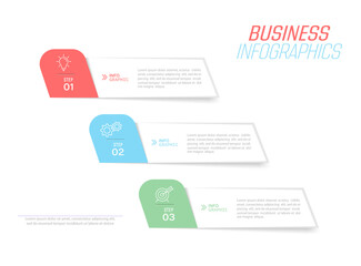 Business infographics. 3 stages of achieving the goal. Stages of the workflow, development, marketing, plan or training. Business strategy with icon icons. Report or statistics schema