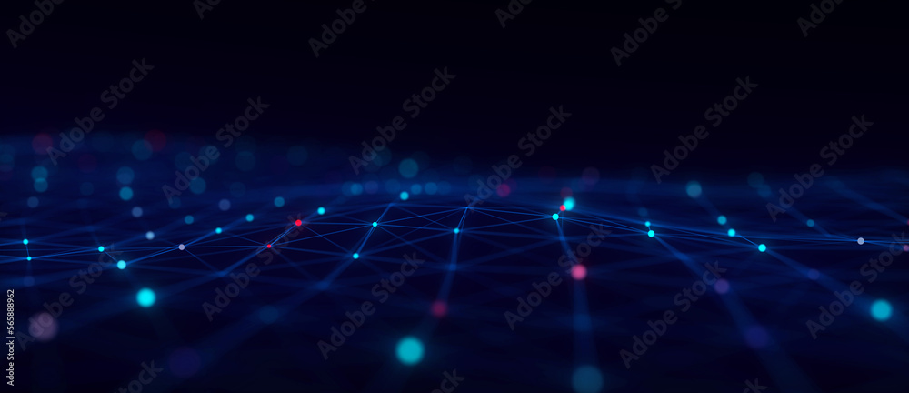 Poster Music wave of particles. Big data visualization. Abstract blue background with a dynamic wave. 3d rendering.
