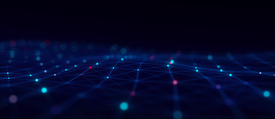 Music wave of particles. Big data visualization. Abstract blue background with a dynamic wave. 3d rendering.