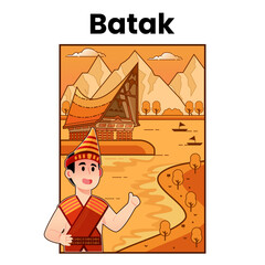 Illustration vector graphic of man using traditional Batak clothes with Bolon House as a background.
