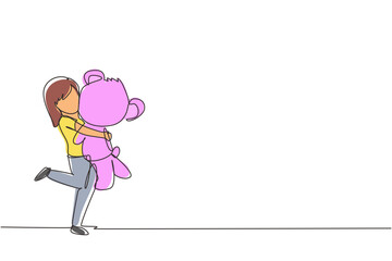 Single one line drawing portrait of expressive little girl hugging her plush bear friend. Little girl playing with teddy bear. Childhood, toys. Continuous line draw design graphic vector illustration