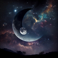 Fantasy night space sky with beatiful stars, galaxies and moon, ai illustration