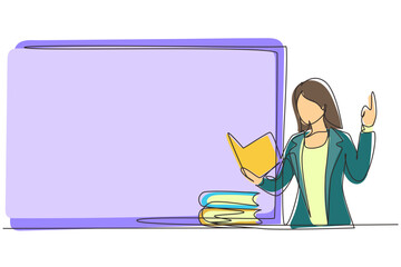 Continuous one line drawing young woman teacher standing in front of class with book on her hands, pile of books on table. Female teacher teach in classroom at school. Single line draw design vector