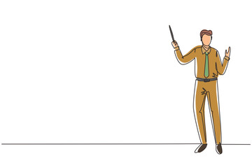 Continuous one line drawing school teacher. Man in tidy shirt, tie and standing with pointer. Lecturer, professor, instructor, businessman for educational. Single line draw design vector illustration