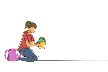 Continuous one line drawing happy girl taking care of houseplants growing in planters. Young cute woman cultivating potted plants at home. Female enjoying her hobby. Single line draw design vector