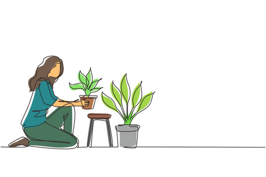 recommend clip art: Single continuous line drawing young woman worker kneeling, potted plants. Houseplants in pots in greenhouse, botanical garden, flowers growing, plant nursery. One line draw design vector illustration