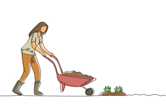 woman pushing wheelbarrow, gardening, line art clip art preview